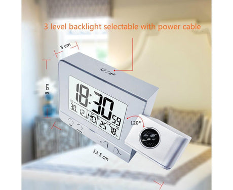 Desk Snooze LED Digital Backlight Date Function USB Charge Alarm Clock Projector-Silver - Silver