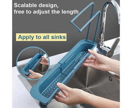 Home Kitchen Telescopic Sink Storage Tray Rack Holder Expandable Drain Basket-Blue