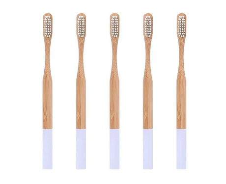 5Pcs Round Bamboo Handle Home Travel Adult Soft Bristles Dental Care Toothbrush-White