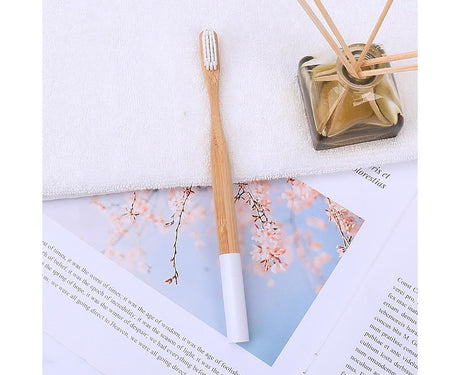 5Pcs Round Bamboo Handle Home Travel Adult Soft Bristles Dental Care Toothbrush-White
