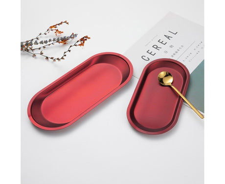 Storage Tray Mini Portable Oval Stainless Steel Towel Tray for Household-Red L
