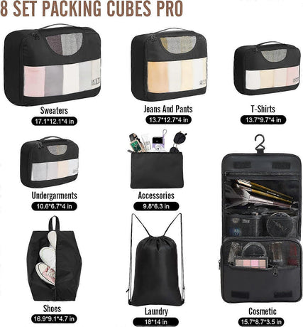 8pcs Travel Packing Cubes Set Suitcase Organizer for Travel Essentials