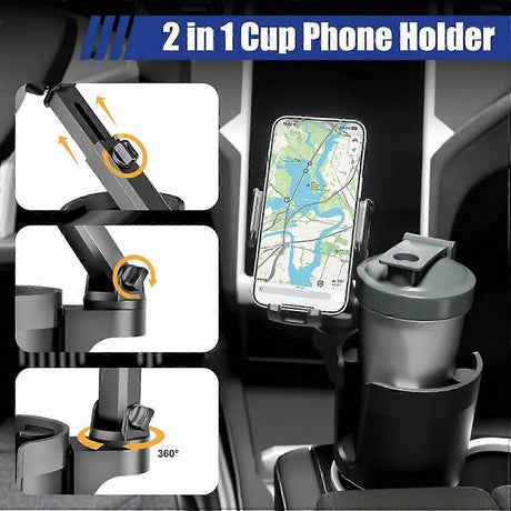 Car Cup Holder with Phone Mount - Adjustable Rotatable Expander for Cell Phone & Drink