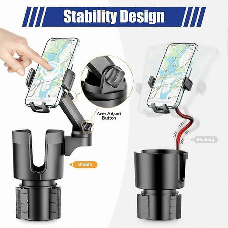 Car Cup Holder with Phone Mount - Adjustable Rotatable Expander for Cell Phone & Drink