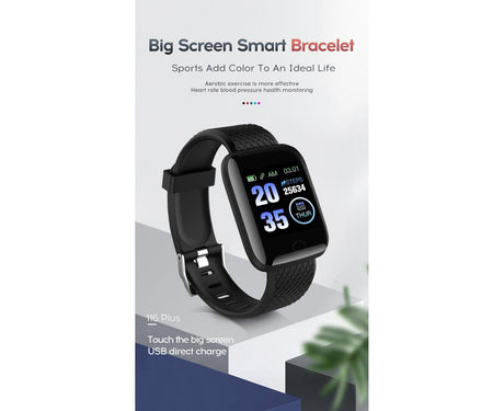 116Plus Sports Android IOS Bluetooth Touch Water Resistant Screen Fitness Tracker Smart Wrist Bracelet - Black