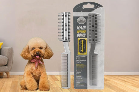 Two Sided Pet Grooming Comb with Razor for Dog Cat Fur Trimming and Thinning