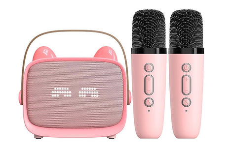Mini Karaoke Machine Toys Gifts Portable MP3 Player with 2 Wireless Microphone - Pink