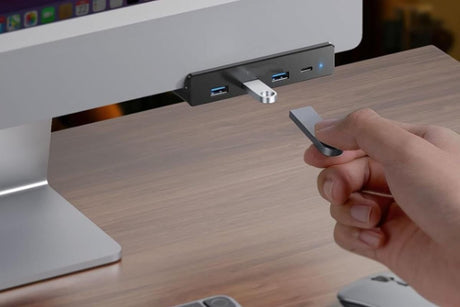 USB Hub 3.0 Aluminum 4-Port USB Adapter with 3 USB-A Data Ports for Monitors Desks - Black