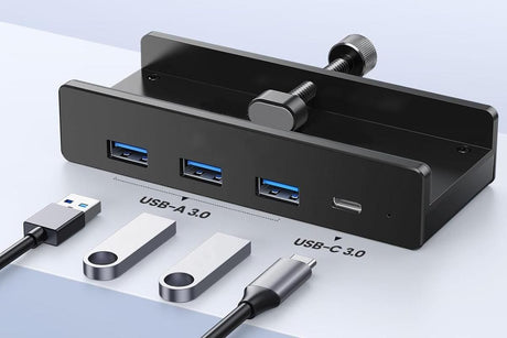USB Hub 3.0 Aluminum 4-Port USB Adapter with 3 USB-A Data Ports for Monitors Desks - Black
