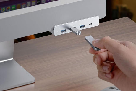 USB Hub 3.0 Aluminum 4-Port USB Adapter with 3 USB-A Data Ports for Monitors Desks - Silver