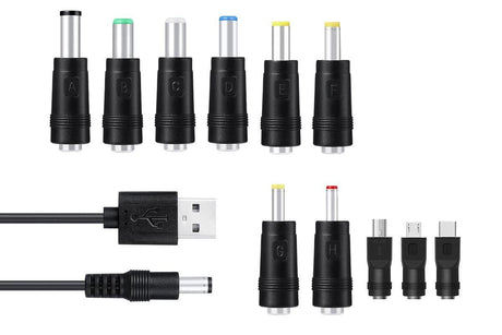 USB to DC 5V Charging Cable Power Cord 5.5x2.1mm with 11 Interchangeable Connectors