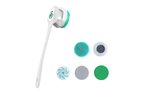 Electric Body Brush for Back with 5 Interchangeable Heads Long Handle for Spa Shower - Green