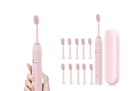 Electric Toothbrush with 10 Brush Heads and Travel Case Rechargeable Toothbrush Sets -Pink