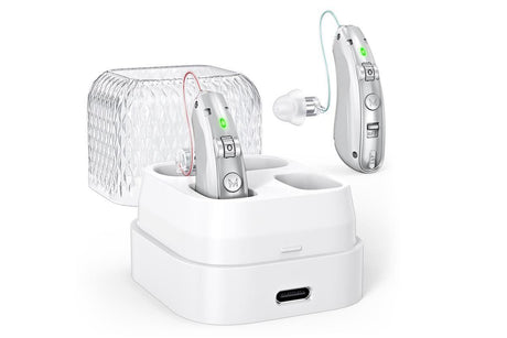 Smart Noise Reduction BTE Hearing Aid with Charging Case Rechargeable Sound Amplifier - Silver