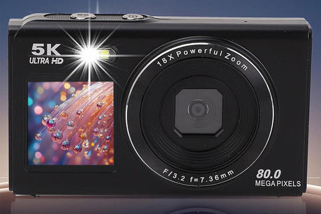 5K HD Dual Screen Digital Camera Point and Shoot Selfie Camera with LED Fill Light - Black