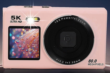 5K HD Dual Screen Digital Camera Point and Shoot Selfie Camera with LED Fill Light - Pink