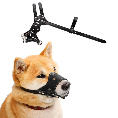 Adjustable PU Leather Dog Muzzle Pet Breathable Anti Bite Bark Chew Muzzles Brown - S