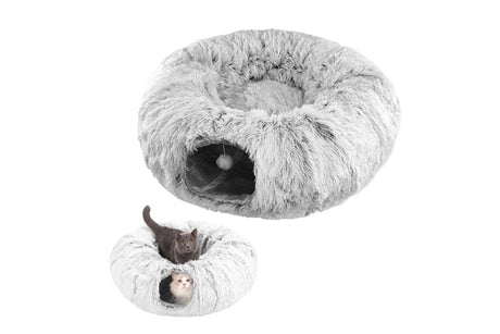 Plush Cat Tunnel with Cat Bed Pet Cat Tunnel Toys Gray