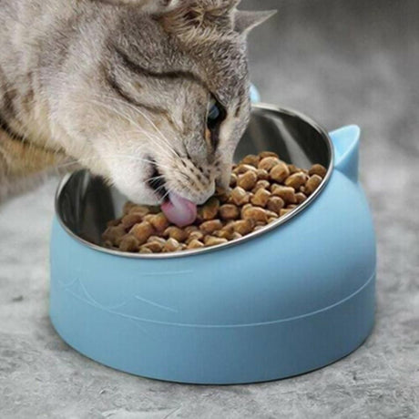400ml Stainless Steel Tilted Pet Bowl - Non-Slip Raised Feeder for Cats & Dogs Blue