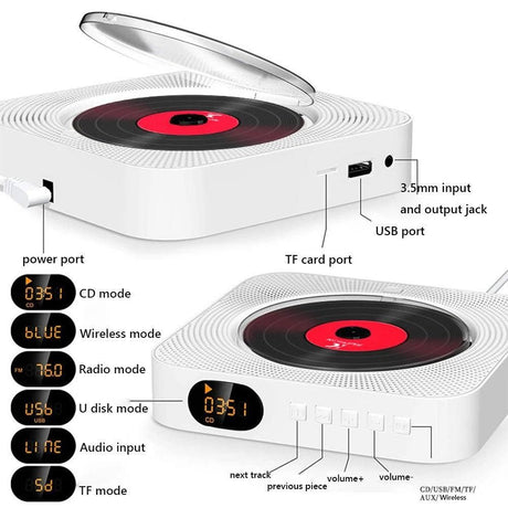 Wall-Mount Bluetooth CD Player LCD Display Music Player Home Audio Boombox White