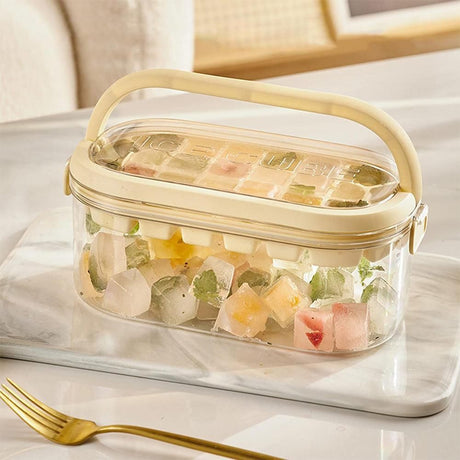 2-Tier Ice Cube Tray Mold with Press-Release Lid & Storage Box for Kitchen Beige