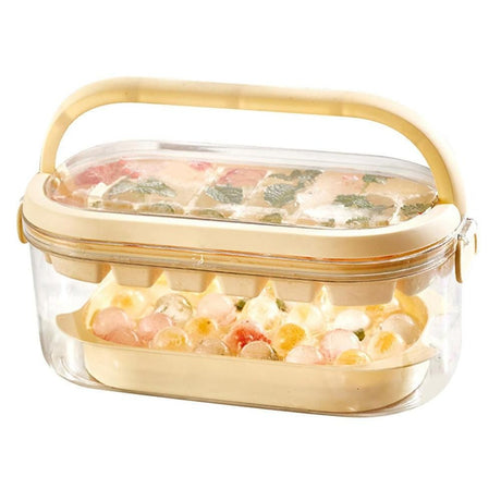 2-Tier Ice Cube Tray Mold with Press-Release Lid & Storage Box for Kitchen Beige