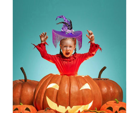 Halloween Witch Hat Wide Brim Tassel Wizard Hat With Artificial Rose Women Halloween Costume Accessory-Purple