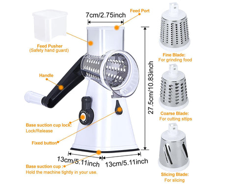 Kitchen Multifunction Vegetable Food Slicer Manual Rotary Drum Grater Chopper WHITE
