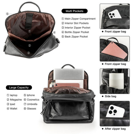 Black Fashionable Large-Capacity Women's Backpack - Waterproof, Durable, High-Quality PU Leather - Travel Backpack - Vintage-Style PU Leather Backpack