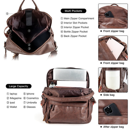 Brown Fashionable Large-Capacity Women's Backpack - Waterproof, Durable, High-Quality PU Leather - Travel Backpack - Vintage-Style PU Leather Backpack