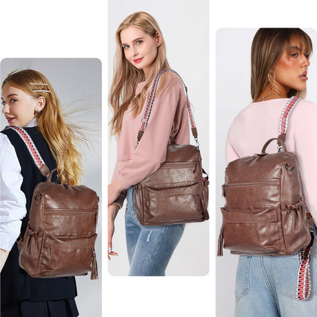 Brown Fashionable Large-Capacity Women's Backpack - Waterproof, Durable, High-Quality PU Leather - Travel Backpack - Vintage-Style PU Leather Backpack