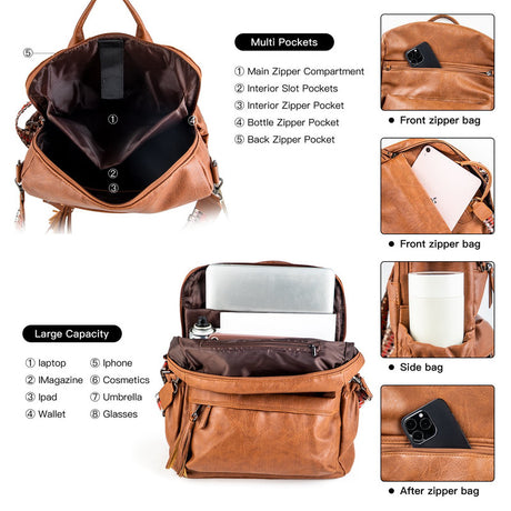 Coffee Fashionable Large-Capacity Women's Backpack - Waterproof, Durable, High-Quality PU Leather - Travel Backpack - Vintage-Style PU Leather Backpack
