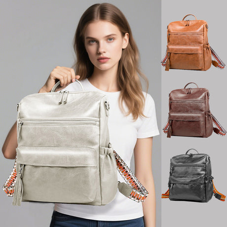 Grey Fashionable Large-Capacity Women's Backpack - Waterproof, Durable, High-Quality PU Leather - Travel Backpack - Vintage-Style PU Leather Backpack