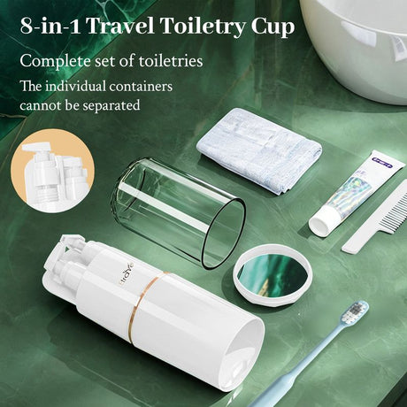 8-in-1 Portable Travel Toiletry Organizer Cup, Travel-Sized Toiletry Set for Business Trips and Vacations, Multifunctional All-in-One Travel Essential - White
