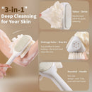 3-in-1 Multi-Functional Long-Handled Body Scrub Brush: Bath Sponge + Soft-Bristle Brush + Washcloth All-in-One, Home Exfoliating Bath Brush, Back Scrubber—White