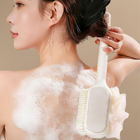 3-in-1 Multi-Functional Long-Handled Body Scrub Brush: Bath Sponge + Soft-Bristle Brush + Washcloth All-in-One, Home Exfoliating Bath Brush, Back Scrubber—White