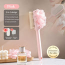 3-in-1 Multi-Functional Long-Handled Body Scrub Brush, Combining Bath Sponge + Soft-Bristle Brush + Washcloth in One, Home Exfoliating Bath Brush, Back Scrubber - Pink