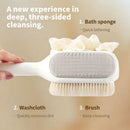 3-in-1 Multi-Functional Long-Handled Body Scrub Brush, Combining Bath Sponge + Soft-Bristle Brush + Washcloth in One, Home Exfoliating Bath Brush, Back Scrubber - Pink