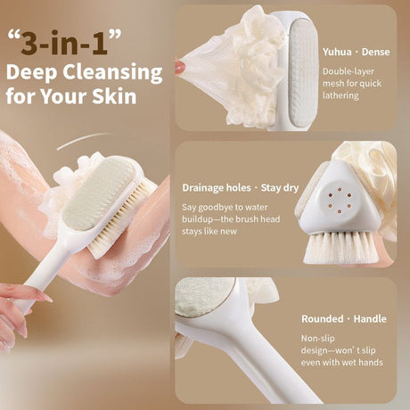 3-in-1 Multi-Functional Long-Handled Bath Brush, Combining Bath Sponge, Soft-Bristle Brush, and Washcloth in One, Home Exfoliating Bath Brush, Back Scrubber - Blue