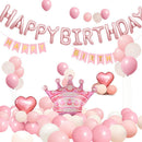 Birthday Party Decor Set: “HAPPY BIRTHDAY” Balloons + Bunting + Crown Set, Birthday Party Decor - Pink Set