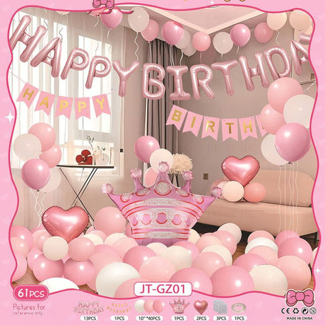 Birthday Party Decor Set: “HAPPY BIRTHDAY” Balloons + Bunting + Crown Set, Birthday Party Decor - Pink Set