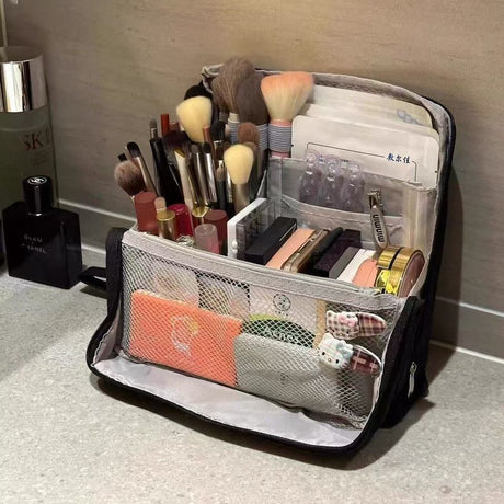 Portable Multi-Functional Toiletry Bag, Stand-Up Large-Capacity Storage Bag for Makeup Brushes, Cosmetics, and Toiletries, Jinbu Multi-Compartment Storage Bag - Black