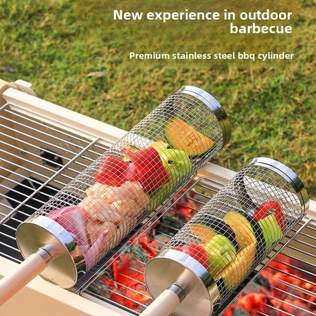 Food-grade stainless steel rotisserie skewer, 360° rotatable, with heat-resistant wooden handle—outdoor camping barbecue tool (Large)