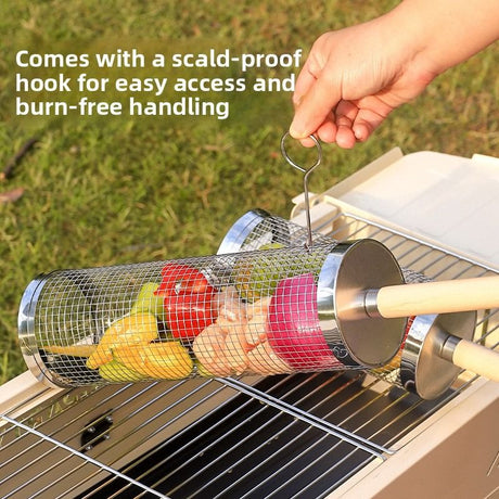 Food-grade stainless steel rotisserie skewer, 360° rotatable, with heat-resistant wooden handle—outdoor camping barbecue tool (Small)