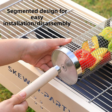 Food-grade stainless steel rotisserie skewer, 360° rotatable, with heat-resistant wooden handle—outdoor camping barbecue tool (Small)