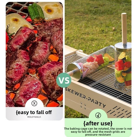 Food-grade stainless steel rotisserie skewer, 360° rotatable, with heat-resistant wooden handle—outdoor camping barbecue tool (Small)
