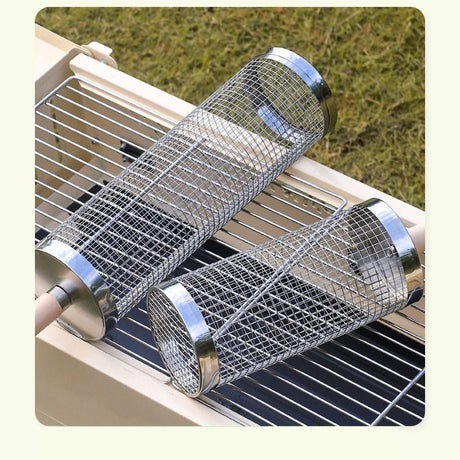 Food-grade stainless steel rotisserie skewer, 360° rotatable, with heat-resistant wooden handle—outdoor camping barbecue tool (Small)
