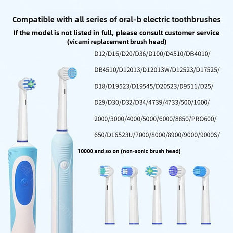 Compatible with replacement brush heads for multiple models of rotary electric toothbrushes. Choose from 5 styles with different functions. High-density, rounded soft-bristle universal brush head set—5-piece set
