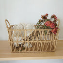 Handwoven paper rope storage basket with a rectangular design and two handles; perfect for organizing desk clutter, snacks, and cosmetics; Bohemian-style storage basket