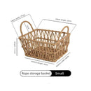 Handwoven paper rope storage basket with a rectangular design and two handles; perfect for organizing desk clutter, snacks, and cosmetics; Bohemian-style storage basket